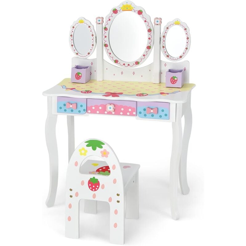 Costway - Kinder Schminktisch Set, Prinzessin Frisiertisch mit Klappbarem Spiegel, Schminkhocker und 3 Schubladen, Make-up Schminktisch