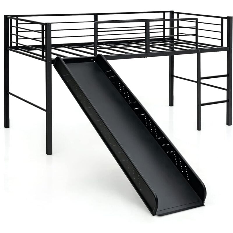 Kinderbett mit Rausfallschutz, Spielbett mit Rutschbahn und Leiter, aus Metall, für Jungs & Maedchen, 198 x 96 x 109cm Schwarz - Costway