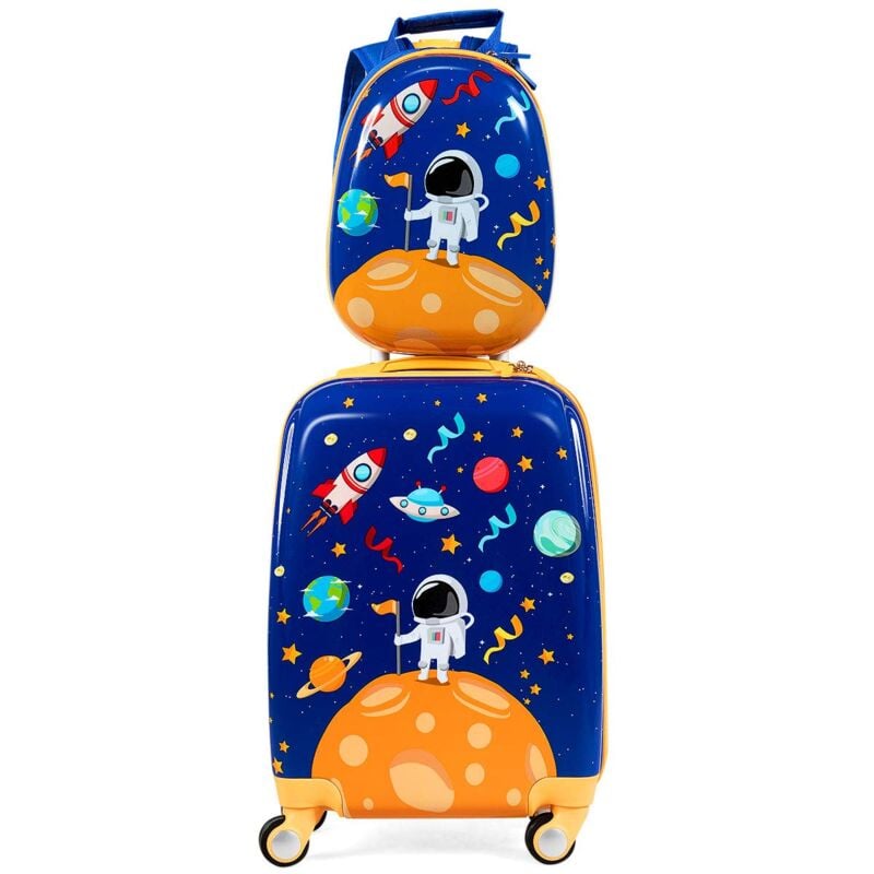 COSTWAY Kindergepaeck Kindertrolley, Kinderkoffer mit Rucksack, Reisekoffer Jungen, Handgepaeck Reisegepaeck Blau