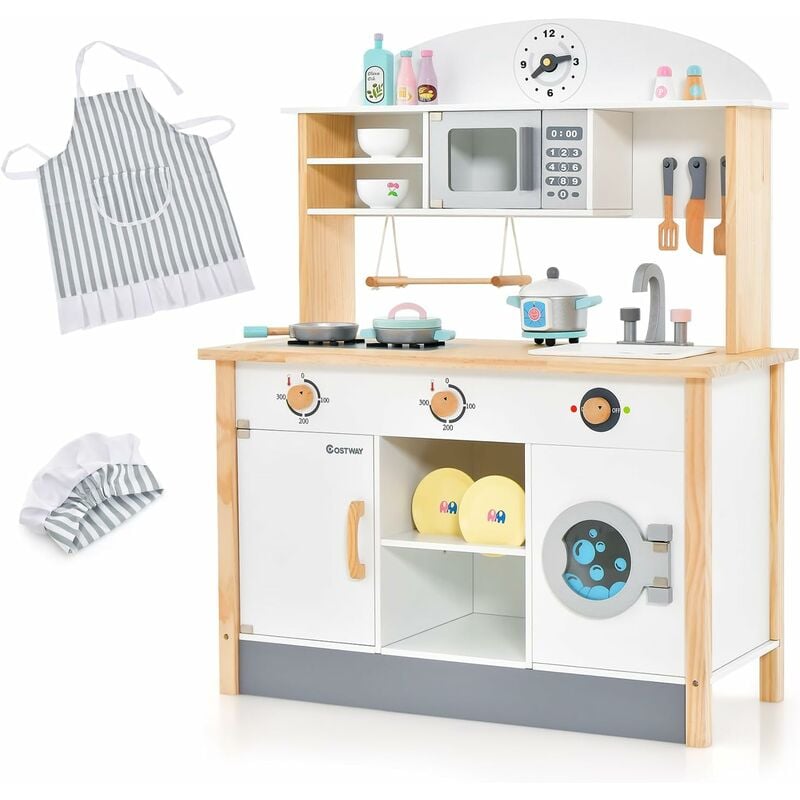 Costway - Kinderküche aus Holz, Spielküche inkl. 17 Zubehör, Spielzeugküche mit Mikrowelle, Waschmaschine, Waschbecker, Herde & Kochgeschirr,