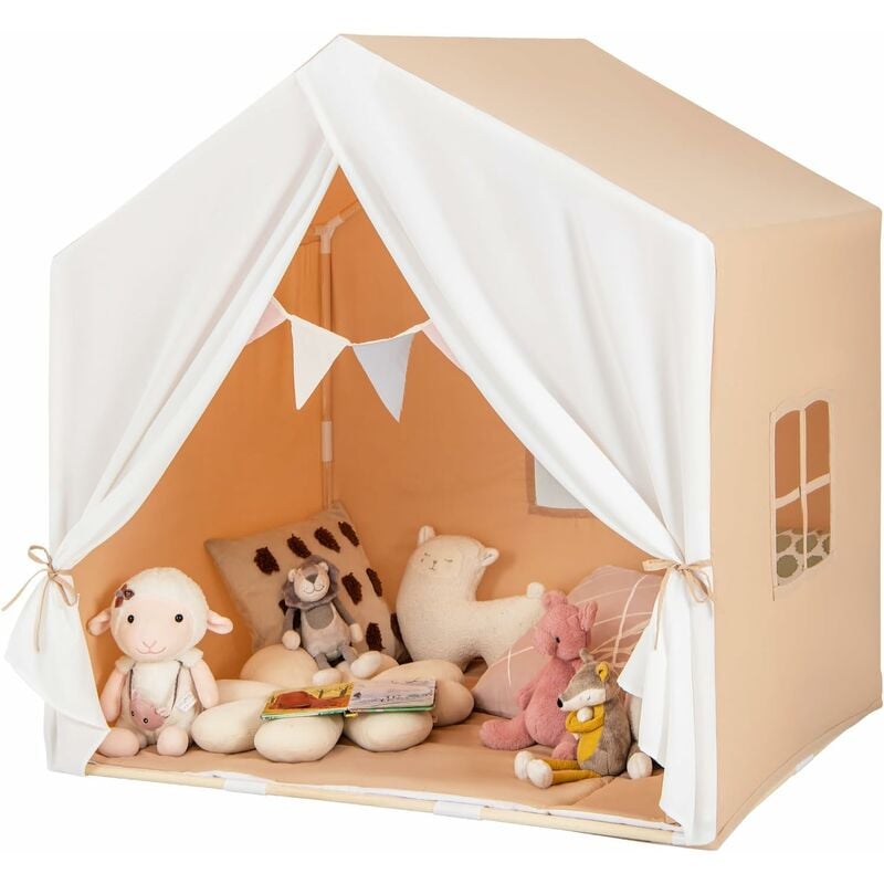 Kinderzelt mit Fenster & Matte & Holzrahmen, Kinder Spielhaus mit Vorhang & bunten Flaggen, Prinzessin Spielzelt für drinnen & draußen,