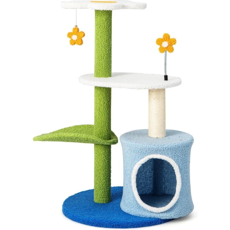 Costway - Kratzbaum Klein, Katzenbaum mit blumenförmiger Sitzfläche & 2 niedlichen Bällen & Katzenhöhle & blattförmiger Kletterturm, Katzenkratzbaum