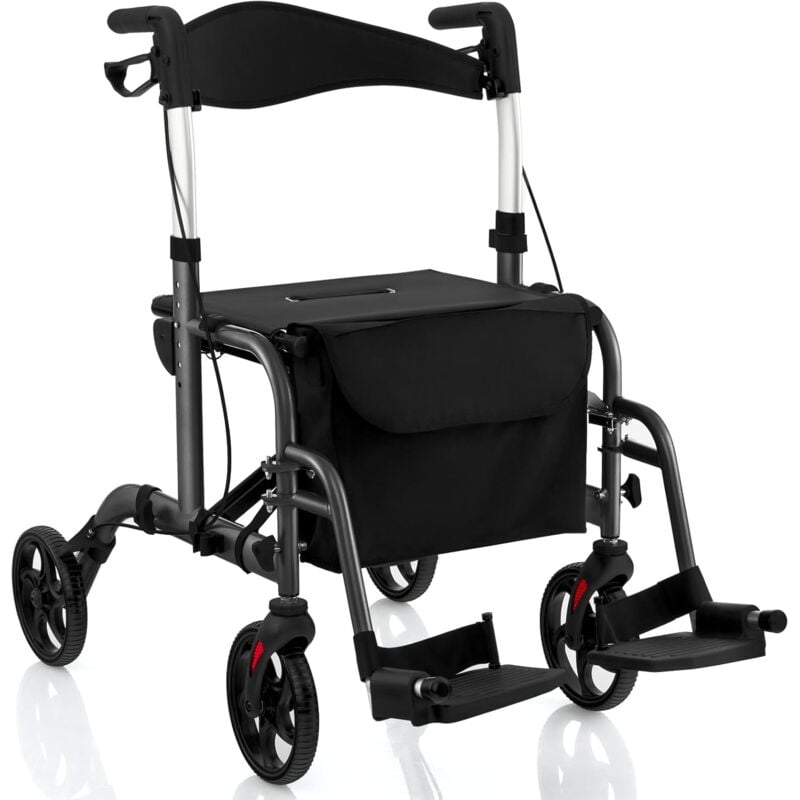 Costway - Rollator faltbar und leicht mit Sitz, 2 in 1 Rollstuhl & Reiserollator Leichtgewicht, Gehhilfe 6-fach höhenverstellbar, Gehwagen mit Tasche