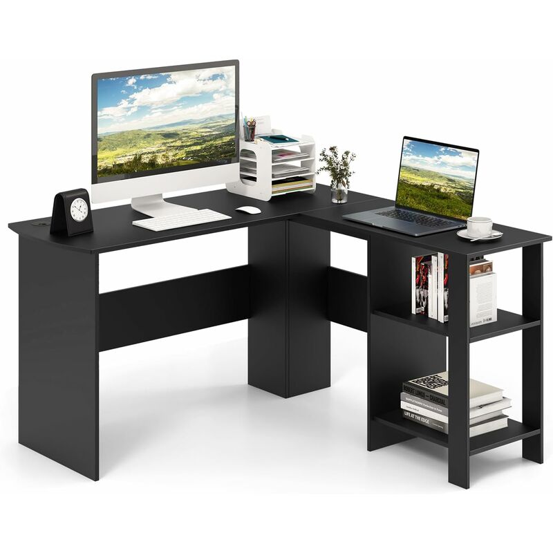 Schreibtisch L-Form, Eckschreibtisch mit 2 Kabellöchern & Ablagefächern, Ecktisch, Computertisch, Bürotisch für Zuhause oder Büro, 130 x 130 x 74 cm