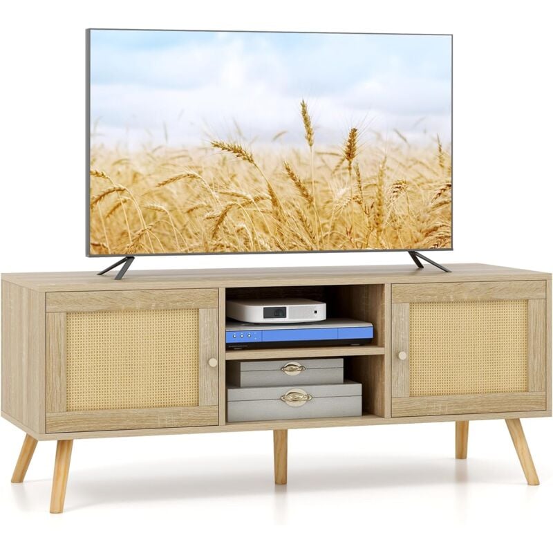 Costway - TV-Schrank Holz Lowboard für Fernseher bis zu 55 Zoll, Fernsehtisch mit 2 Türen & offenen Fächern, Fernsehschrank TV-Regal für Wohnzimmer