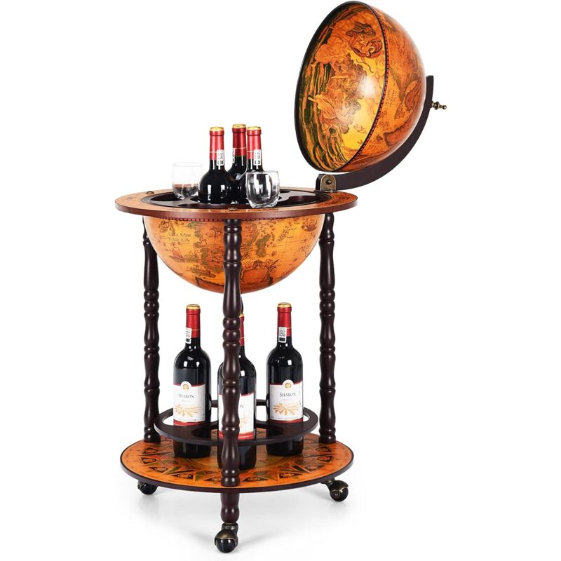 Costway - Weinregal auf Rollen Globusbar Weltkugel Barwagen Servierwagen , Retro, Globus Bar, 2 Ebenen Hausbar, Holz, Weinstaender, für Wein,