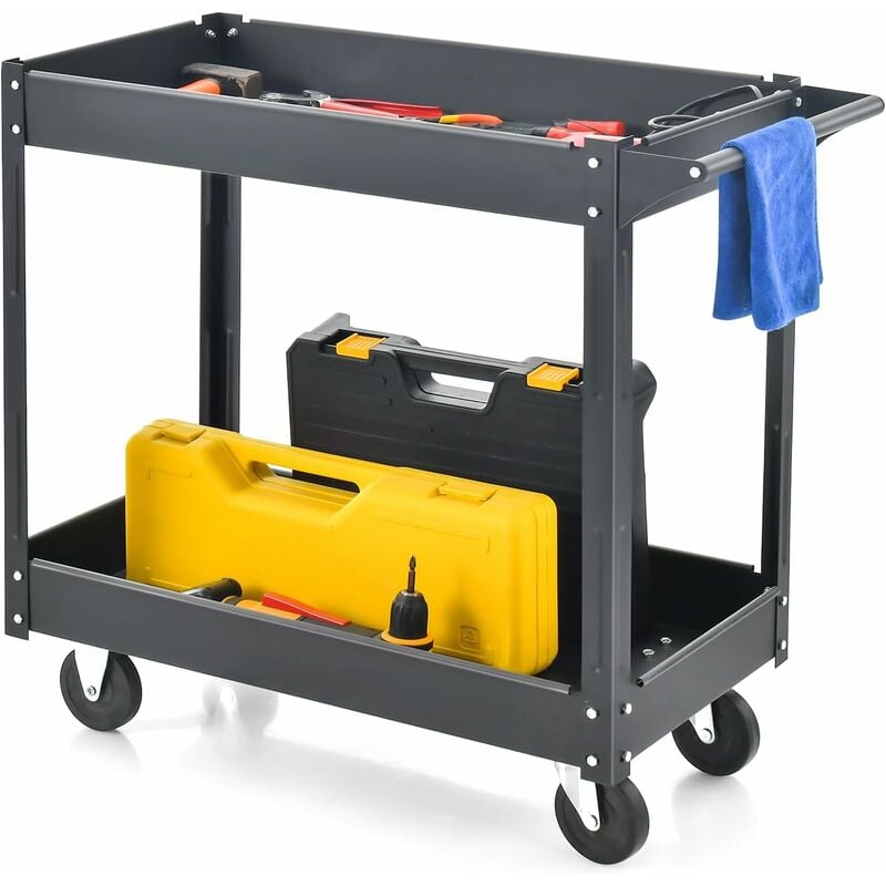Costway - Werkstatt-Rollwagen mit 2 Etagen, Werkzeugwagen mit Handgriff, Werkstattwagen aus Metall, bis zu 100 kg belastbar, Montagewagen Etagenwagen