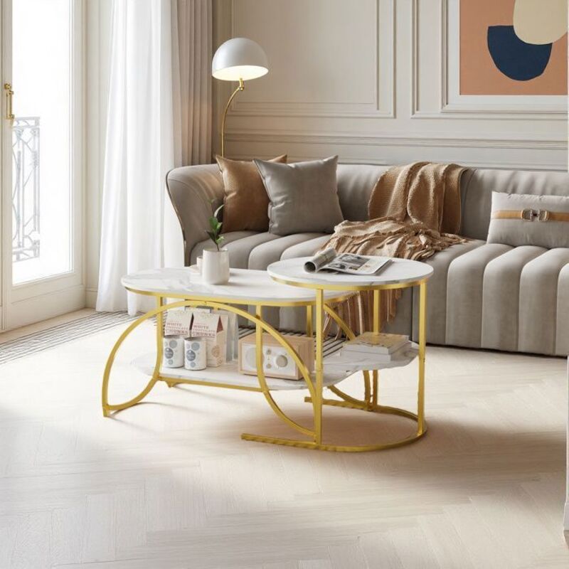 Couchtisch, mit weißer Platte und goldenen Beinen, moderner Couchtisch, Couchtisch Marmor, Set von 2