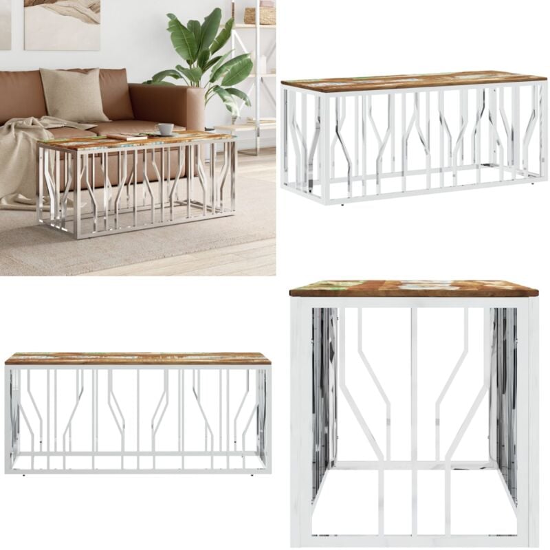 Couchtisch Silbern Edelstahl und Altholz Massiv - Couchtisch - Esszimmertisch - Wohnzimmerdeko - Altholz Möbel - Designer Couchtisch - Home & Living