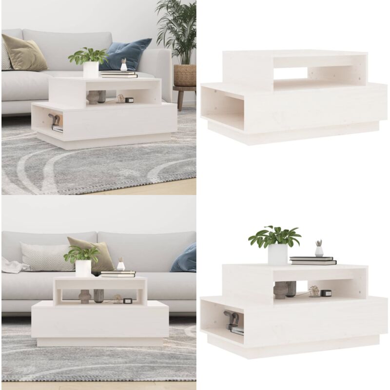 Couchtisch Weiß 80x55x40,5 cm Massivholz Kiefer - Holz Couchtisch - Kiefernholz Couchtisch - Weißer Couchtisch - Wohnzimmerstil - Beistelltisch