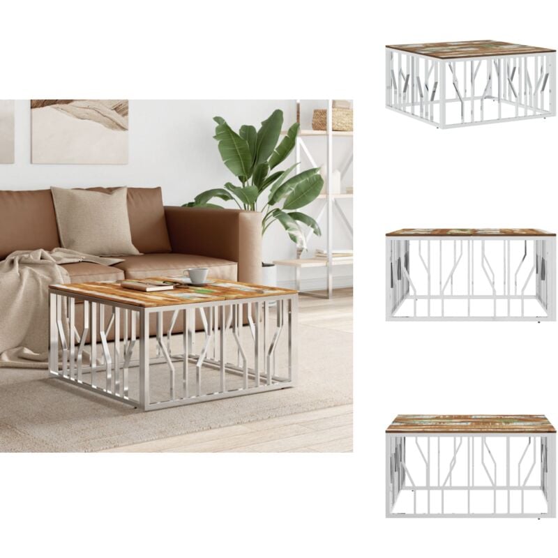 Couchtisch Silbern Edelstahl und Altholz Massiv - Esszimmertisch - Couchtisch - Wohnzimmertisch - Holzt Tisch - Designer Couchtisch