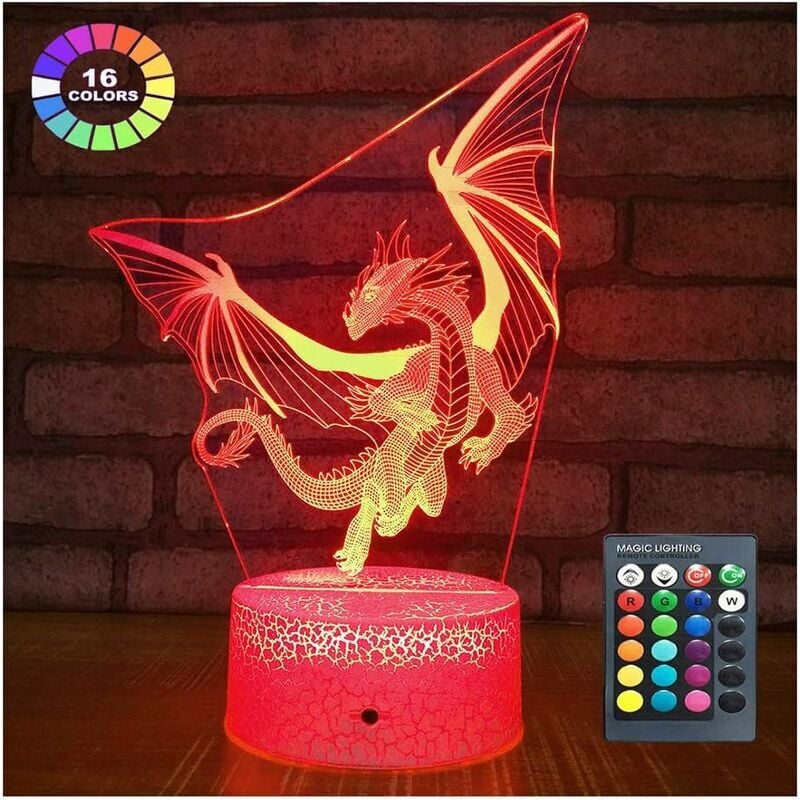 Crediri Drachen-Nachtlicht, Drachenlampe, Nachtlicht für Kinder, 16 Farben mit Fernbedienung, 3D-optische Täuschungslampe, Geschenke für Kinder