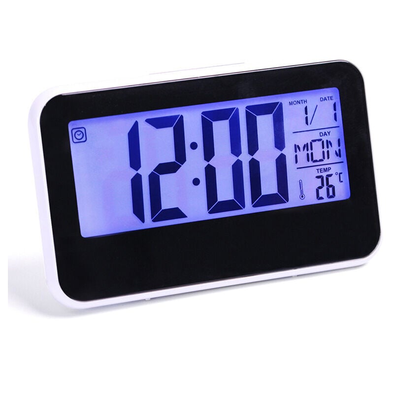 Crediri Große, geräuschlose LCD-Wanduhr mit Temperatur- und Feuchtigkeitsanzeige, Uhr mit Wochentag und Datum, digitale Wanduhr für das Home Office