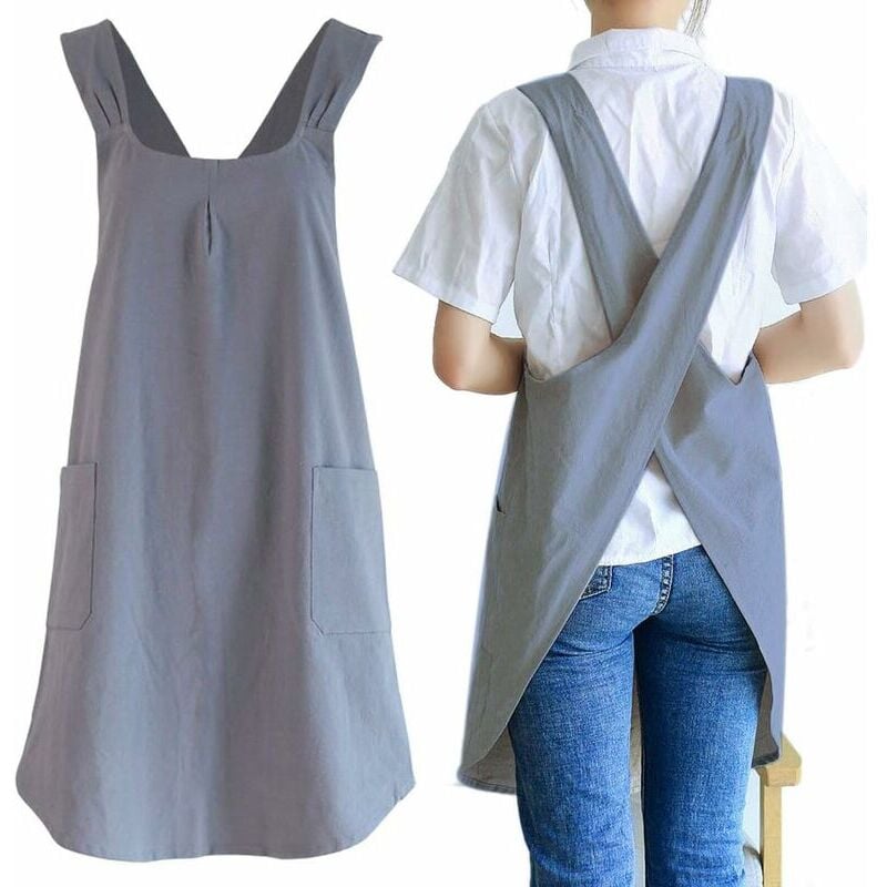 Crediri Japanische Gartenschürze aus Leinen für Damen mit süßen Taschen zum Kochen, Malen, Gärtnern, Putzen, Grau – Dunkelgrau für Damen