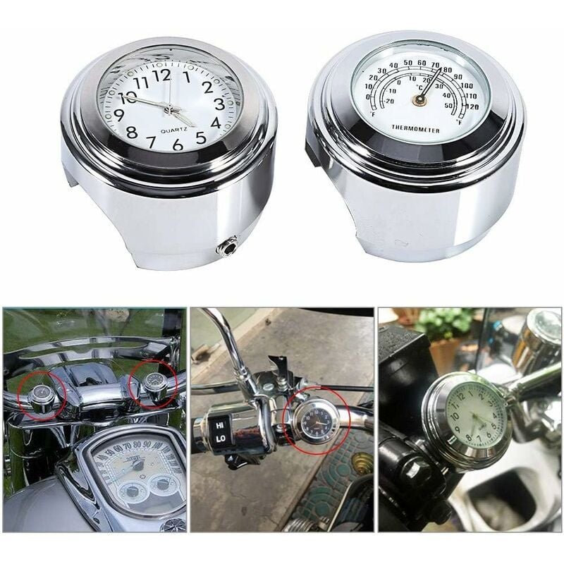 Crediri Motorrad-Lenkeruhr, 7/8 Zoll 1 Zoll Silber wasserdichte Motorrad-Lenkeruhr Motorrad-Lenkeruhr Leuchtende Uhr mit Thermometer