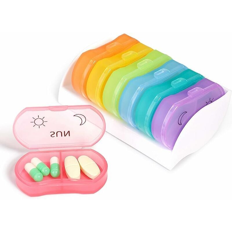 Crediri Pillendose für die Woche, 7 Tage, 14 Fächer, morgens/abends, Mini-Pillendose, mehrfarbig