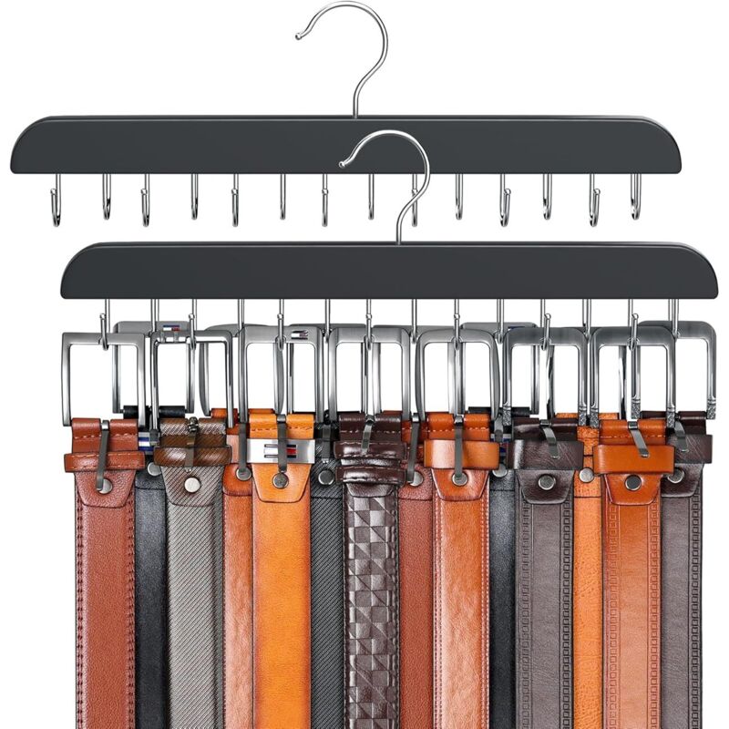 CSPARKV (37 × 1,6 × 13 cm) 2er-Pack Kleiderbügel für max. 42 Gürtel, Gürtel-Organizer, Schrankzubehör mit 14 Haken, stabiler Gürtelständer aus Holz