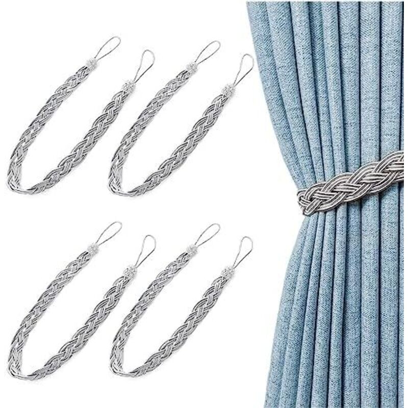 Csparkv - 58 cm, 2 Paar silbergraue geflochtene Vorhang-Raffhalter für Vorhänge, einfache Vorhang-Raffhalter, Bindeseil für Vorhänge