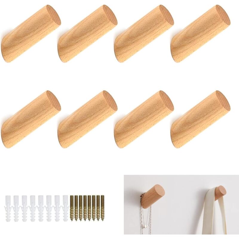 8 Stück Kleiderhaken aus Holz zur Wandmontage, Kleiderhaken aus Holz, Wandhaken aus Holz, Hutablage für den Eingangsbereich zum Aufhängen von