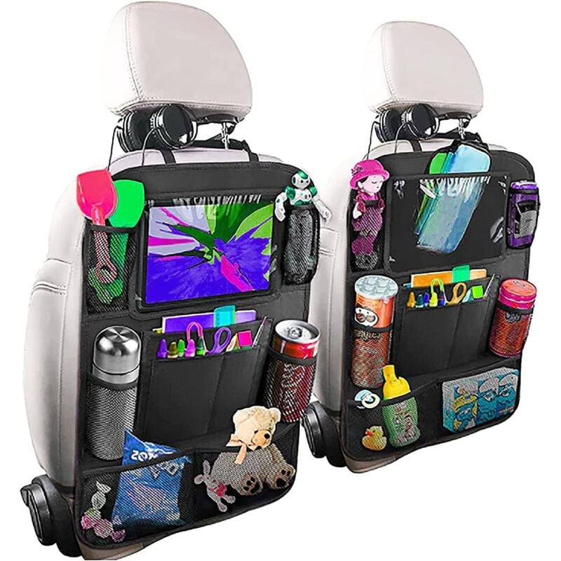 Csparkv - Kinder-Auto-Organizer, 2 Stück, Auto-Aufbewahrung, Auto-Innenraum, Auto-Zubehör, transparenter Tablet-Halter, 10 Taschen, Schwarz