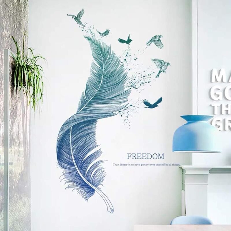 Csparkv - Wandtattoo feder in blau (124×72 cm) i Dekoratives Wandtattoo Vögel Modernes Poster i Dekoration für Wohnzimmer Schlafzimmer Küche Flur