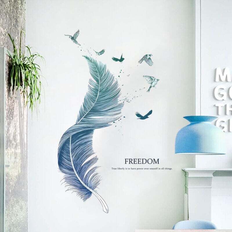 Wandtattoo feder in blau (38×67 cm) i Dekoratives Wandtattoo Vögel Modernes Poster i Deko für Wohnzimmer Schlafzimmer Küche Flur Möbel Bad Fliesen