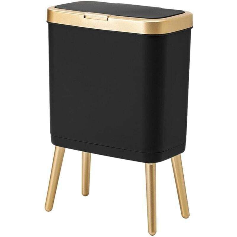 Cubo de basura con tapa, cubo de basura de baño negro con borde dorado, cubo de basura estrecho moderno con patas, cubo de basura de baño delgado, 4