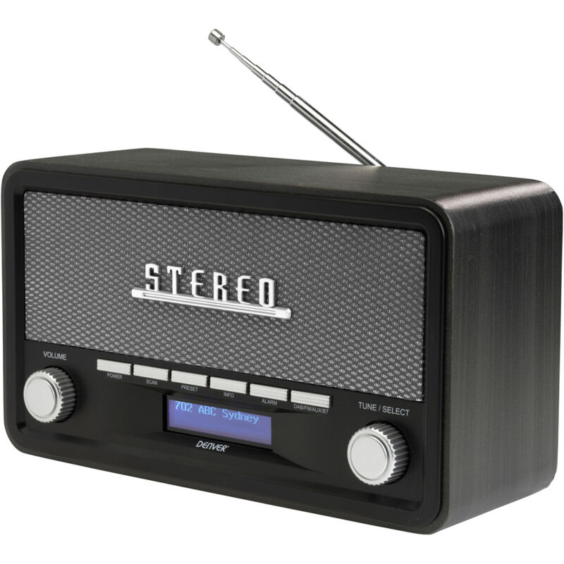 Radio Digital Denver DAB-18DARKGREY - Analoges und digitales Radio, Dab,FM. Bluetooth. Lautsprecher 4 w. LCD-Display, dunkles Holz