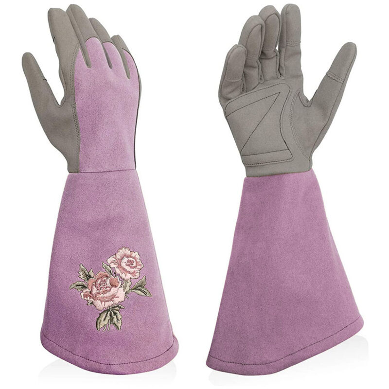 Damen-Gartenhandschuhe aus Leder, langärmlig, stichfest, elegante Gartenhandschuhe für Damen, zarte Stickerei, Hellviolett, M