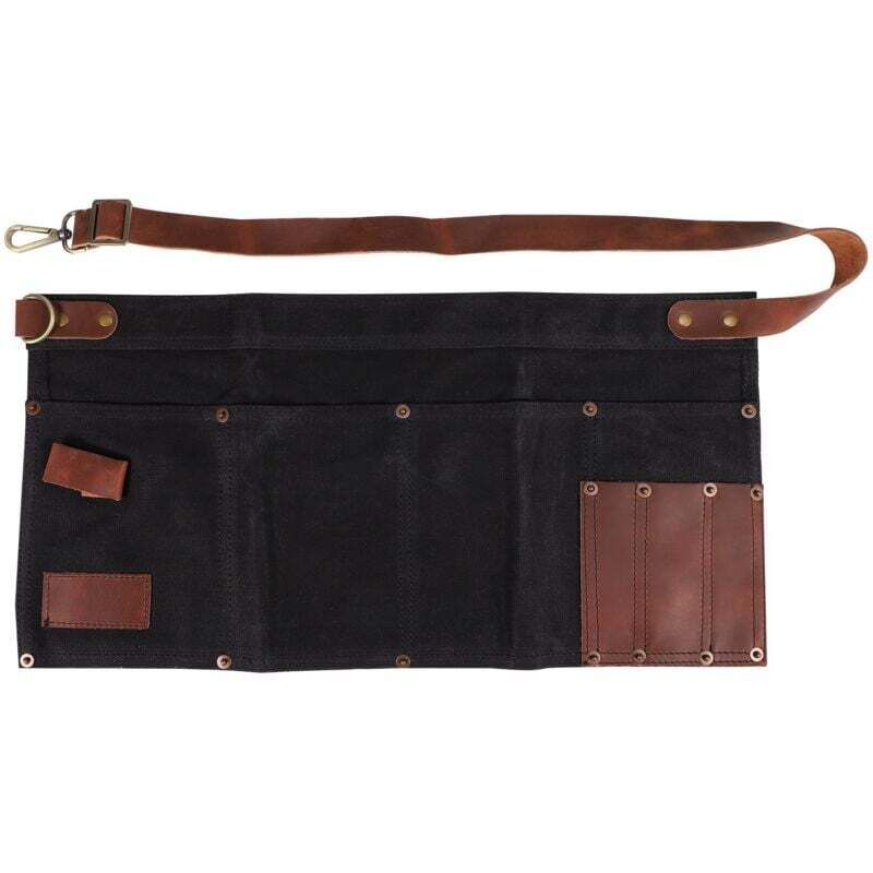 Damen-Schürze mit mehreren Taschen aus echtem Leder und Canvas, Halbschürze mit Taschen, Kellnerin, Lehrerin, Verkäuferin, Kosmetikerin, Schwarz