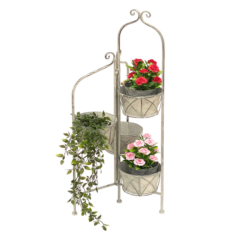 Dandibo - Blumentreppe Innen Metall Weiß Grau 100 cm Blumenständer mit 4 Töpfe 96128 Blumenständer Blumensäule Pflanzenständer Balkon Vintage