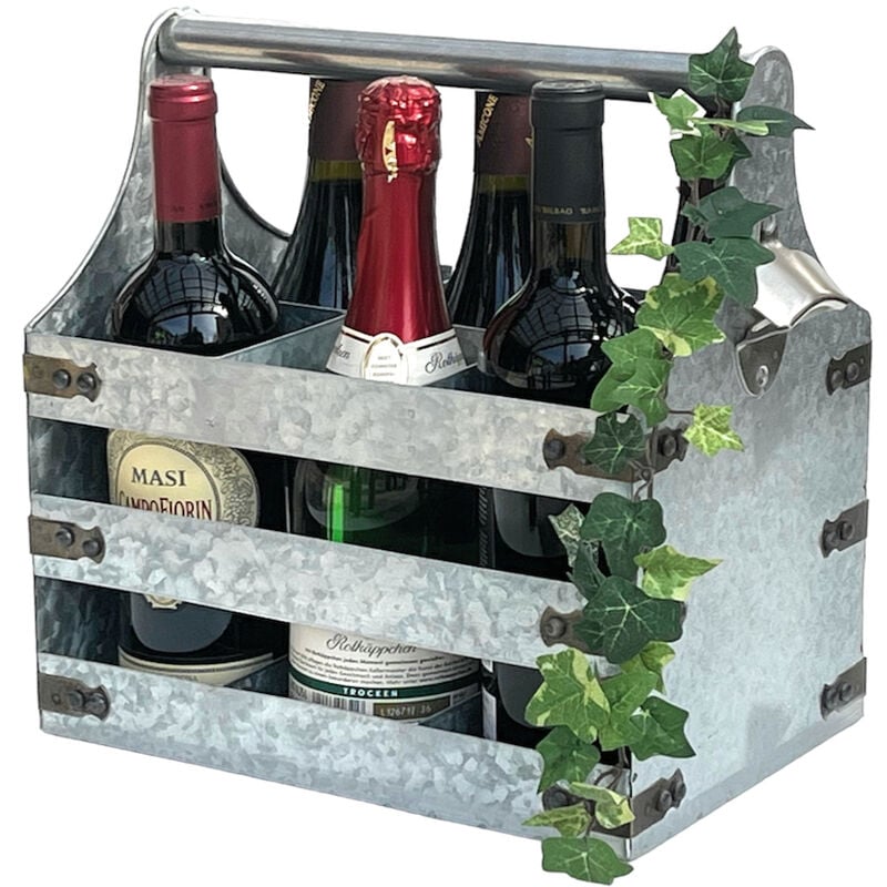 DanDiBo Weinträger Metall mit Öffner 96403 Flaschenträger 6 Flaschen Flaschenkiste Flaschenöffner Flaschenkorb Weinflaschenträger