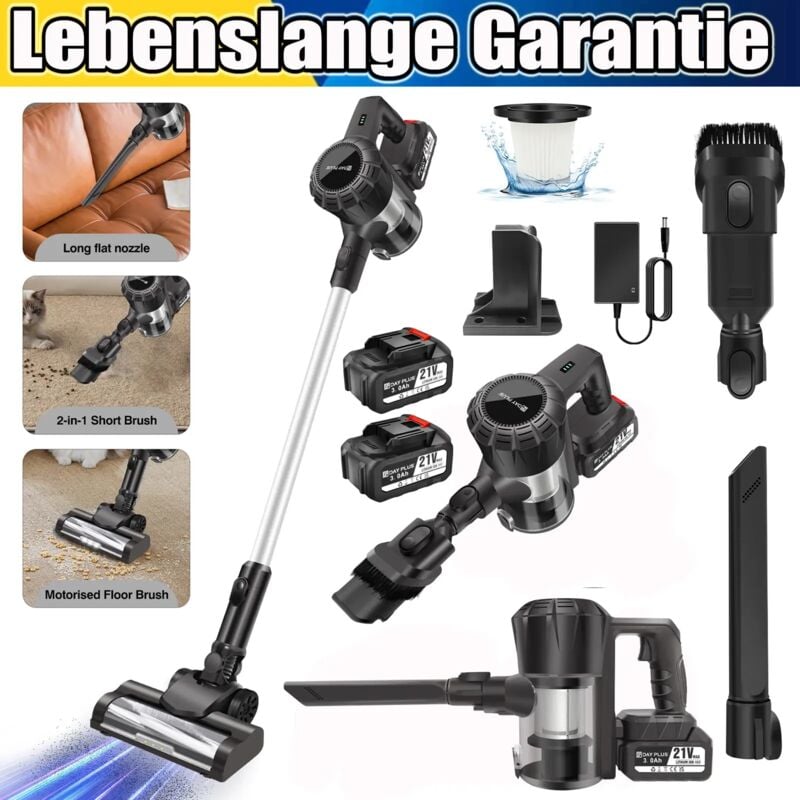 Akku Staubsauger, Ohne Kabel Staubsauger , 6 in 1 Kabelloser Staubsauger,2 Akku - Dayplus