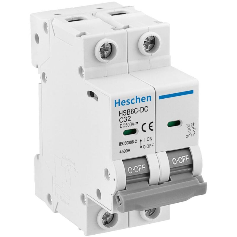 DC Miniatur-Leistungsschutzschalter, HSB6C-DC, 2 Polig, DC500V 32A, Photovoltaik-Leistungsschalter, für Solar-PV-Anlage Solarzellen Gittersystem,