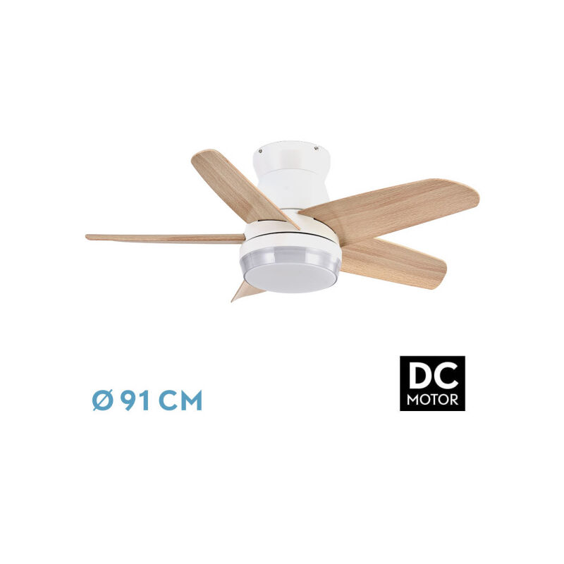 ABRILA - Ventilator DC NEUTRON Farbe Weiß mit fünf Flügeln in Buche Farbe mit 6 einstellbaren Geschwindigkeiten mit 3 Temperaturen of Licht