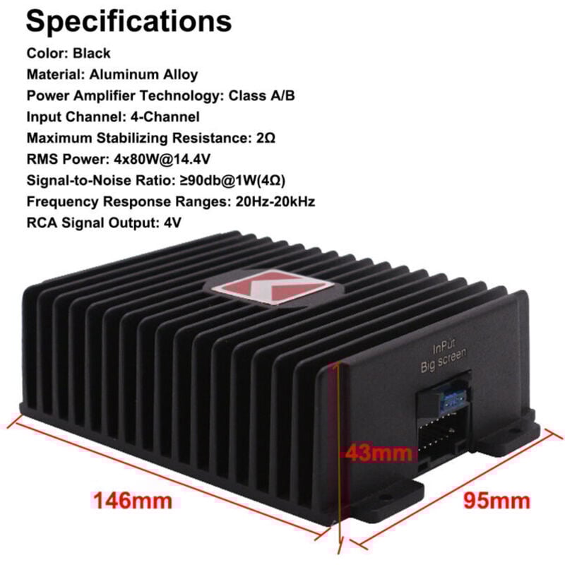 Decdeal 4-Kanal-Autoverstärker, 80 W x 4 Leistung, digitaler Verstärker, Soundprozessor, Klasse A/B, für Android-Player