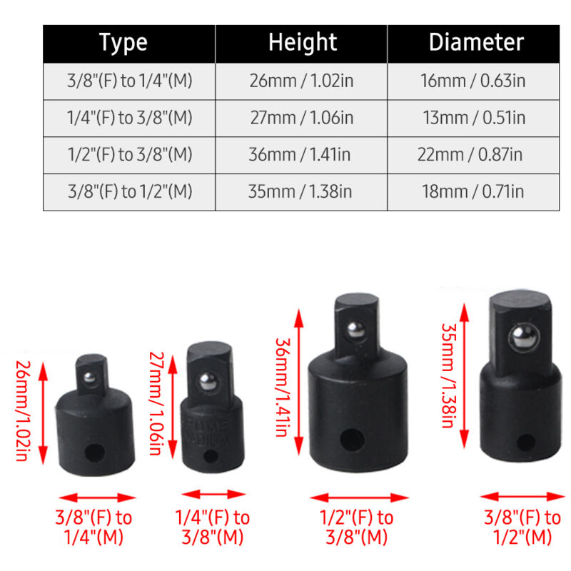 Decdeal 4 PCs Impact Socket Adapter Reduzier 1/4-Zoll 3/8-Zoll 1/2-Zoll-Treiberbekehrungen Stahlmutter für Bohrer