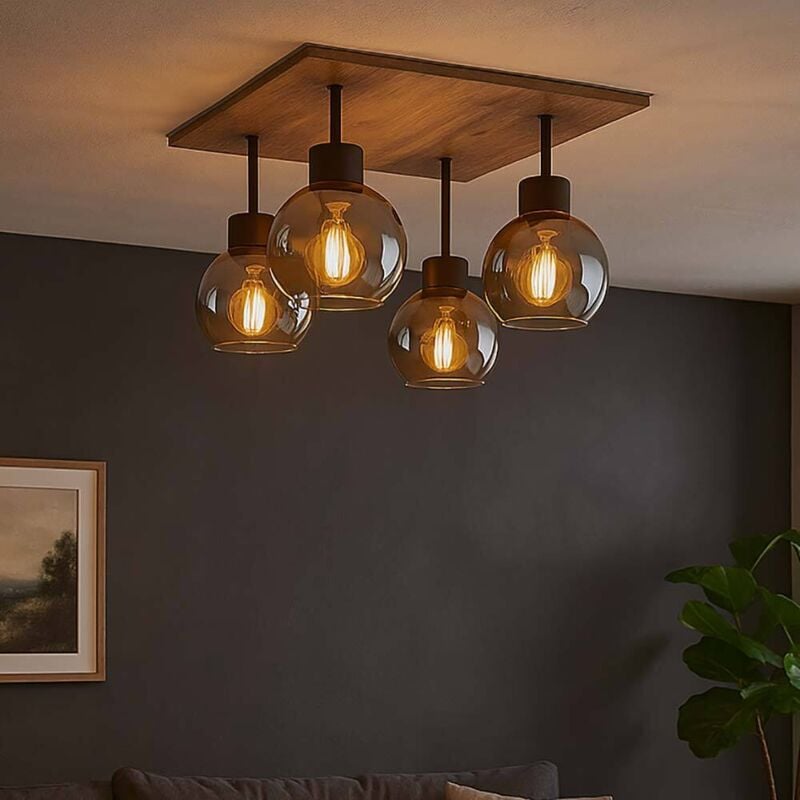 Globo Lighting - Deckenlampe Esstisch Retro Deckenleuchte rustikal Landhaus Deckenlampe Wohnzimmer Holz, mdf Glas rauch Metall, 4 Flammig E27, LxBxH