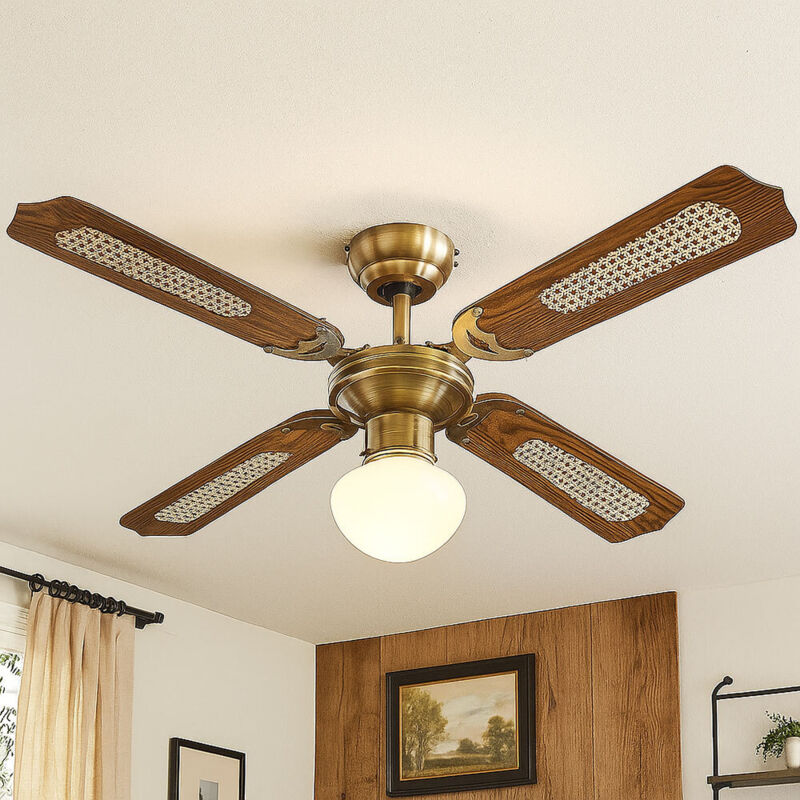 Deckenventilator mit Beleuchtung Sommer Winter Deckenventilator für Dachschräge, Flügel wendbar eichefarben mit Zugschalter und 3