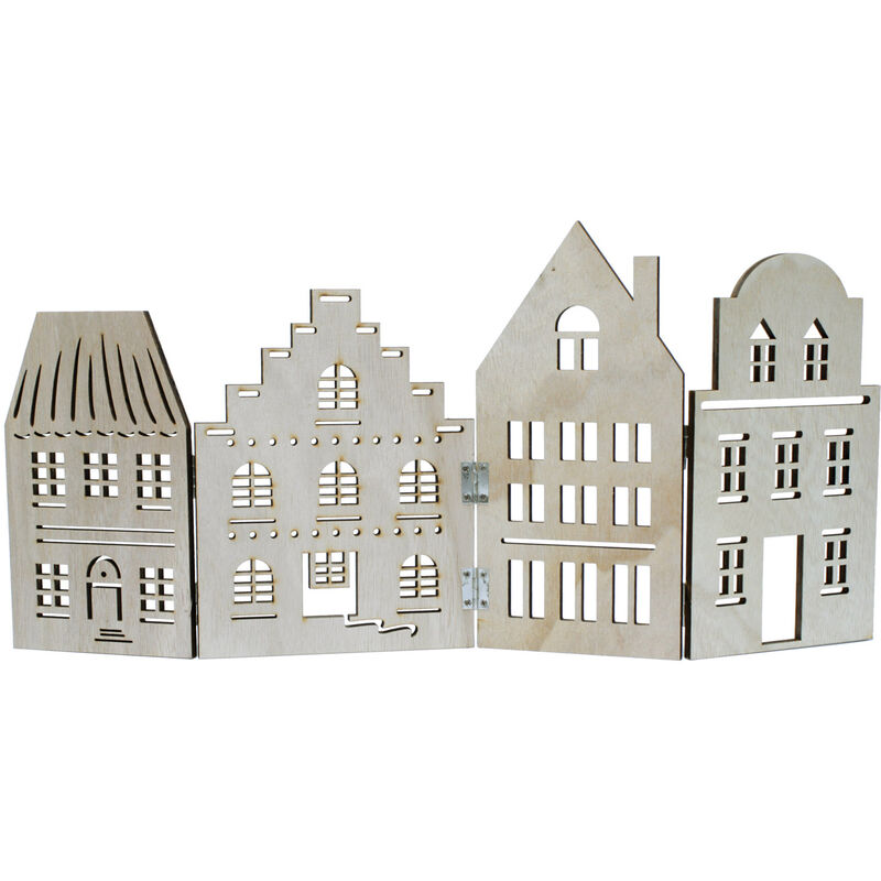 Deko Häuserzeile aus Holz natur - 52 x 24 cm - Weihnachtsdorf Silhouette klappbar - Weihnachtsdeko Tischdeko für Weihnachten Weihnachtsstadt Skyline