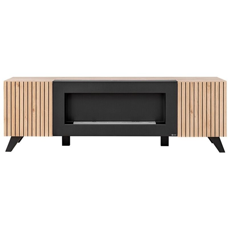 Meublorama - Designer-TV-Möbel mit dekorativem Kamin in Eichen- und Schwarzfarben aus der Kollektion nielsen.
