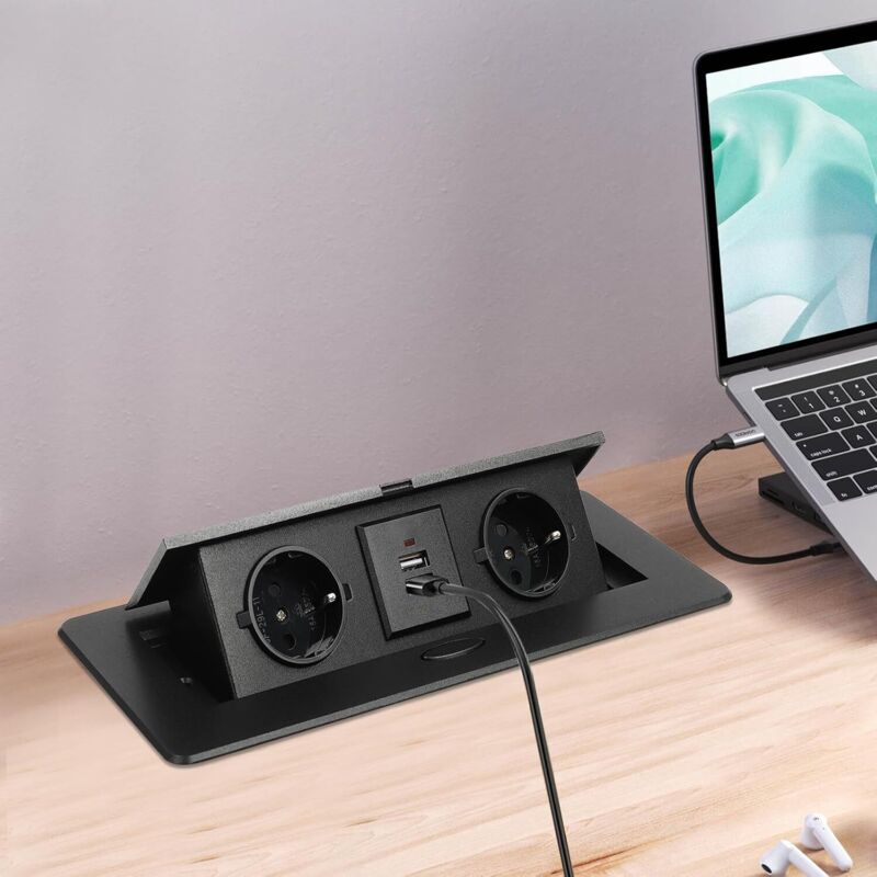 Desktop versteckte Steckdose, 2 USB-Steckdosen + 2 europäische Standard-Steckdosen, Pop-up-Steckdose, 26,6 11,8 0,3 cm