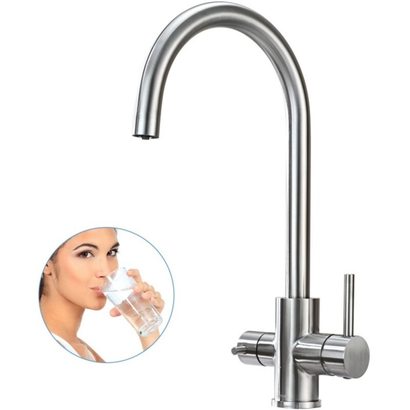 3 Wege Küchenarmatur Küche Wasserfilter Wasserhahn für Trinkwasser Küchenspüle Mischbatterie Küche 360° Drehbar Küchenarmatur-Gebürstetes Silber