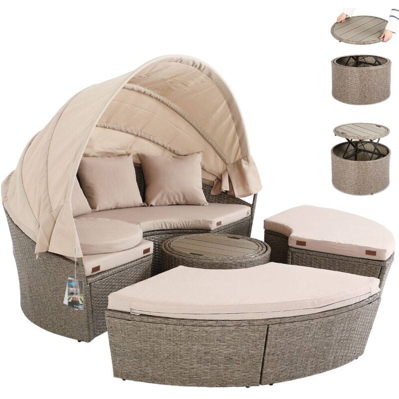 CASARIA® Sonnenliege Sonneninsel Wetterfest mit Tisch 185cm Gartenliege 2 Personen Faltbares Sonnendach Relaxliege Gartenmöbel Set Lounge Outdoor