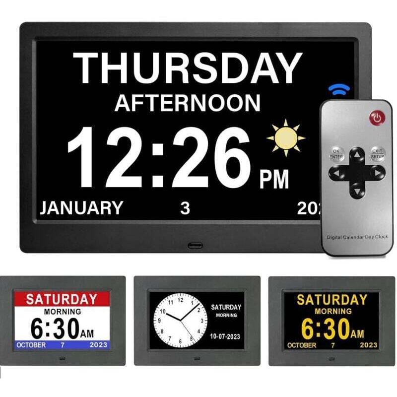 Digitale LCD-Uhr mit Kalender, Datums-, Wochentags- und Zeitanzeige, nicht abgekürzter Uhrzeit, automatischer Dimmfunktion, 8 Sprachen, HD-Display,