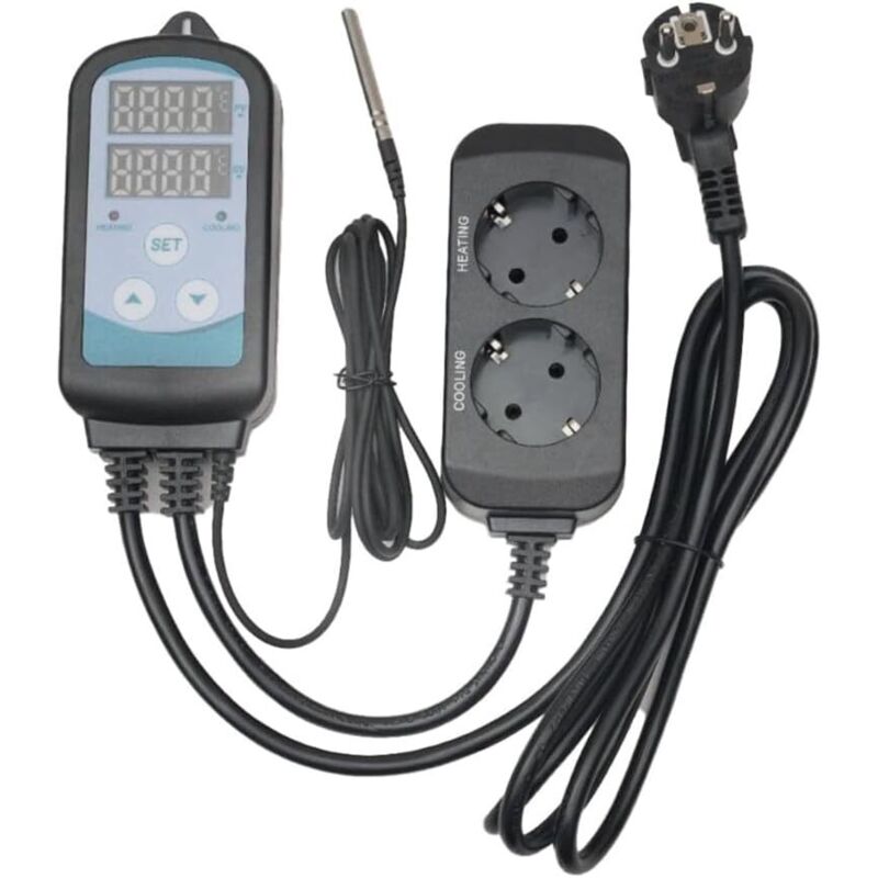 Digitale Thermostatsteckdose mit 2 Relais, 220-V-Sonde, Heiz- und Kühltemperaturregler für Terrarium, Reptilien, Inkubator, Gewächshaus, Brutapparat,
