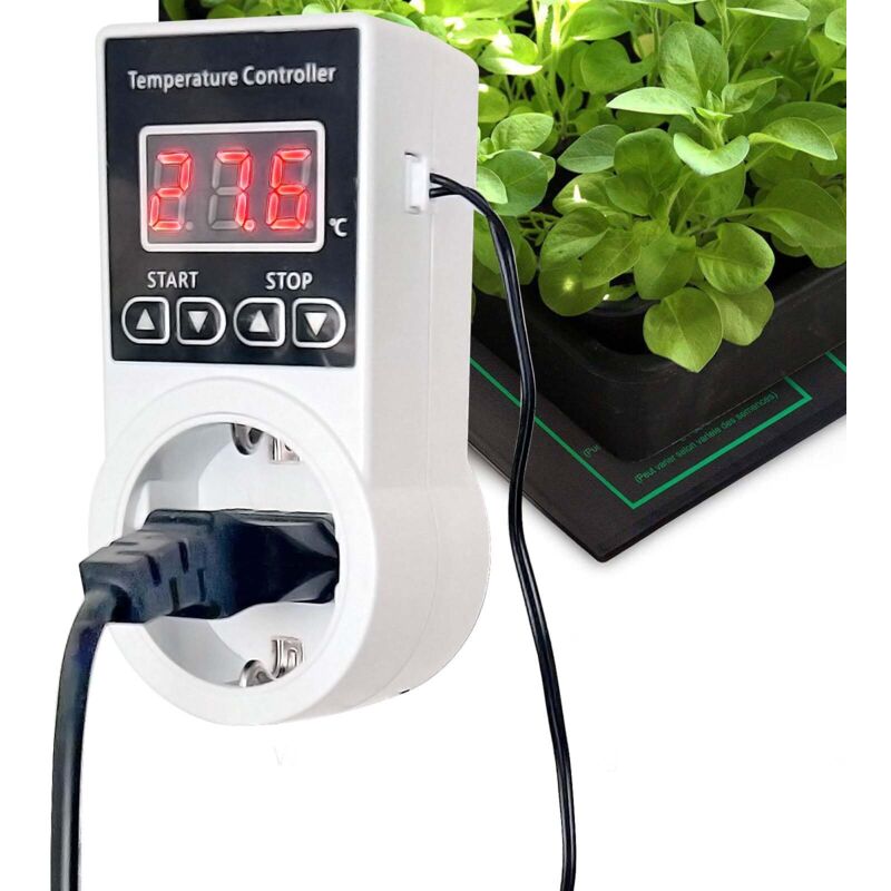 Digitale Thermostatsteckdose mit Sonde, Temperaturregler (Kühlung und Heizung) für Heizdecken für Pflanzen, Gewächshausheizung, Aquarium und Terrarium