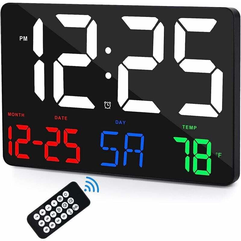 Digitale Wanduhr, 30 cm großes Display, digitaler LED-Wecker, mit Fernbedienung, einstellbarer Helligkeit, Kalender, Temperatur, Schlummerfunktion,