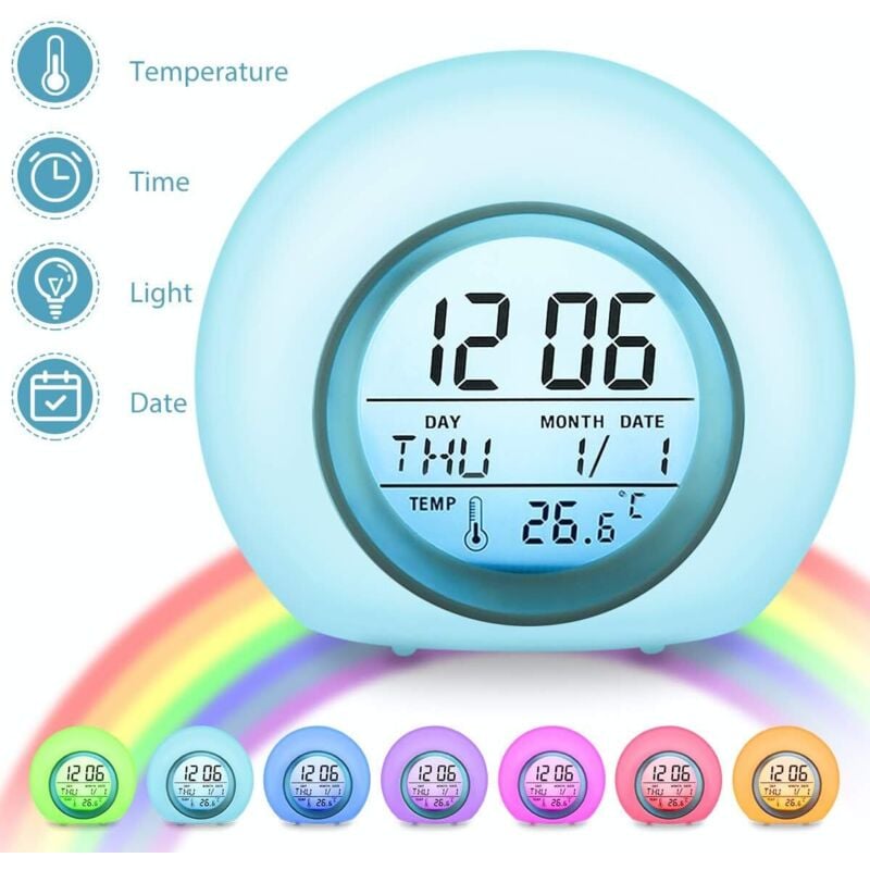 Digitaler Kinderwecker mit 7 Farben, Kinderwecker mit Kalender und Thermometer, kreativer runder Wecker mit LED-Nachtlicht für Kinder und Babys