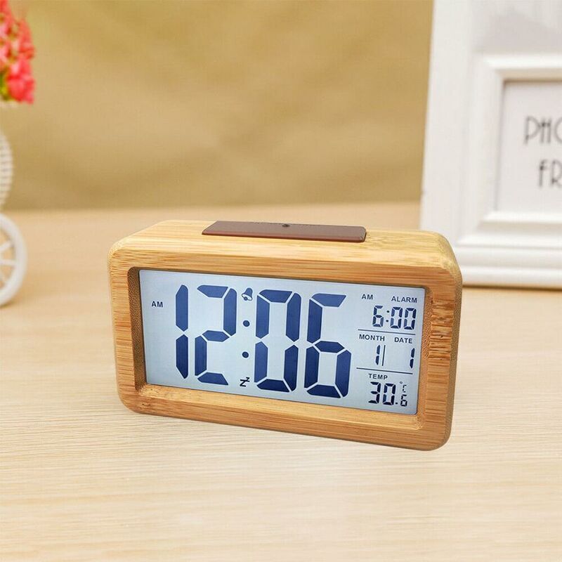 Digitaler Wecker Funkuhr Tischuhr Massivholz Wasserdichter Wecker mit Thermometer, Kalender und Schlummerfunktion - Bambus